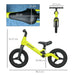 Green and black kids' balance bike with adjustable seat and handlebar, size dimensions shown