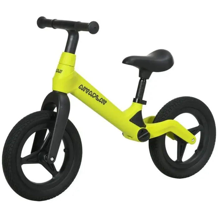 Kids green and black balance bike with adjustable seat and handlebar, AIYAPLAY logo
