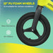 Close-up of green and black kids balance bike 12-inch PU foam wheel, no-inflation, wear resistant.