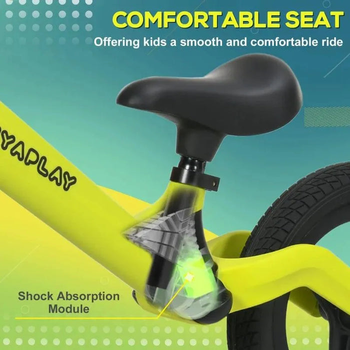 Green kids balance bike with adjustable seat, shock absorption module, and black tires.