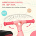 Pink kids balance bike handlebar showing 120-degree swivel limit for rollover safety