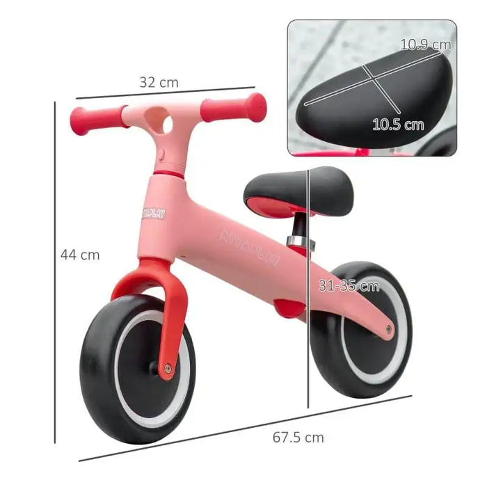 Pink kids balance bike with adjustable seat and EVA tires, shown with dimension measurements