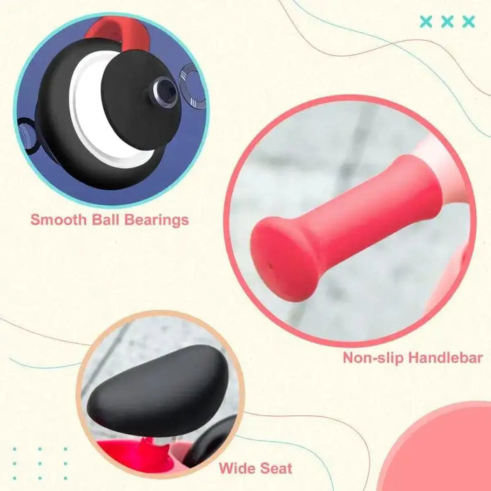 Kids balance bike features close-up of EVA tyre, non-slip pink handlebar, and wide seat.