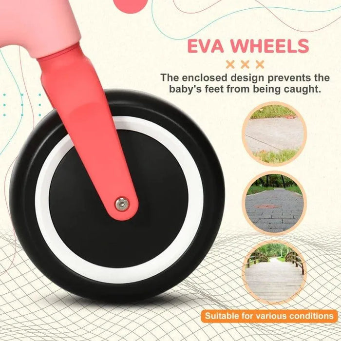 Pink kids balance bike with black EVA wheel, suitable for various terrains, close-up view.