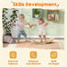 Children playing on a balance board with text about skills development and icons for balance, coordination, and strength.