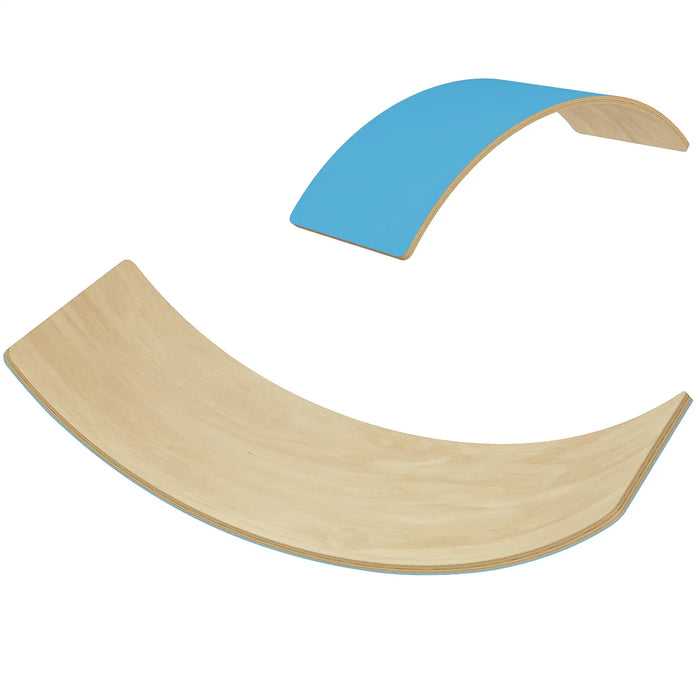Wooden wobble board with blue seat on a white background