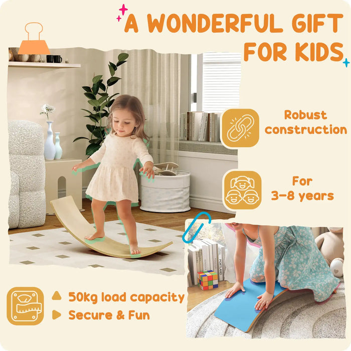 Child playing on a balance board with product features highlighted