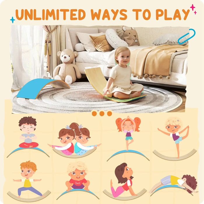 Child playing with a balance board in a living room, surrounded by toys and furniture.