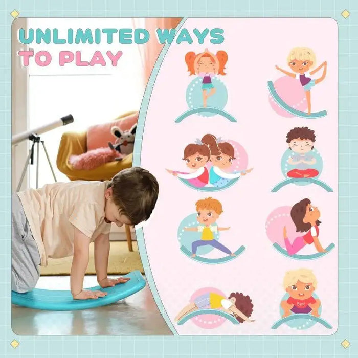 Child using blue Montessori kids balance board indoors with play pose illustrations and text Unlimited Ways To Play