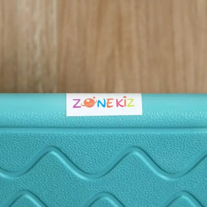 Close-up of Zonekiz blue kids balance board with textured surface on wood floor