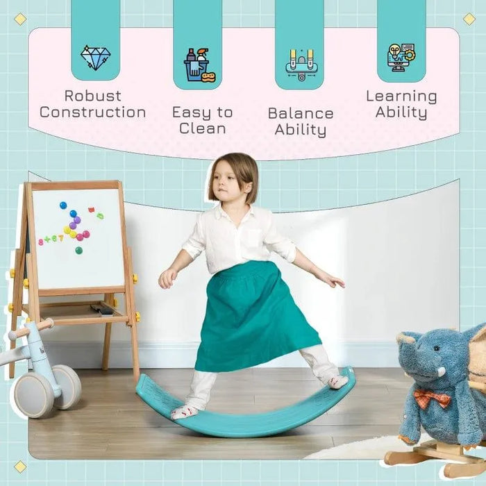 Child balancing on blue Montessori balance board in playroom with toys and educational board