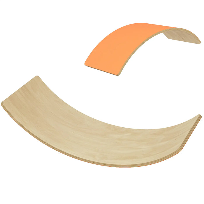 Wooden and orange half-circle objects on a white background