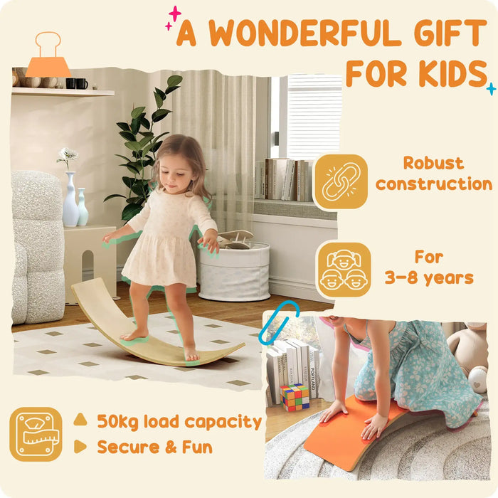 Child using a balance board with text highlighting features like robust construction, age range, load capacity, and safety.