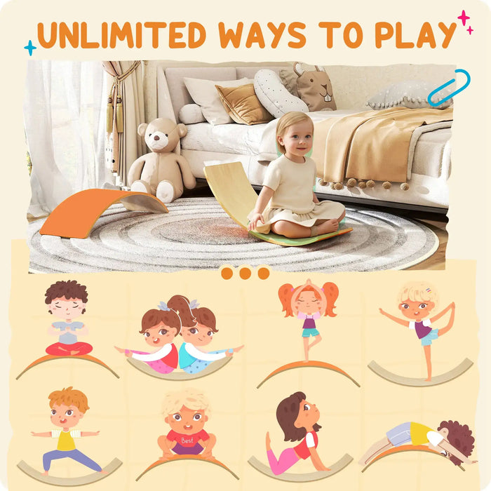 Child playing with a balance board in a living room, surrounded by toys and furniture.