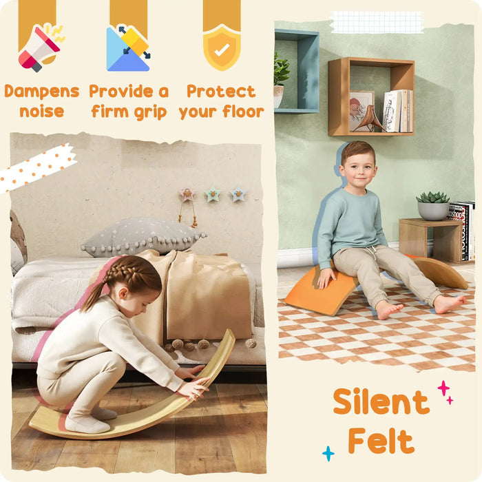Children playing on a wooden floor with 'Silent Felt' products, featuring text about noise dampening and grip.