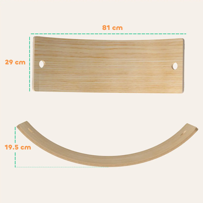 Wooden shelf with dimensions labeled on a white background