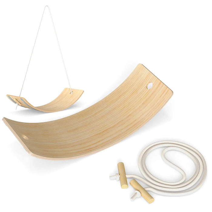 Wooden cat hammock with hanging rope on a white background