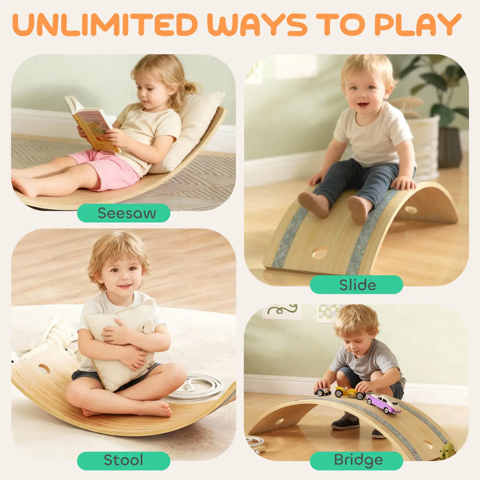 Wooden seesaw with children using it for reading, sitting, sliding, and playing with toys.