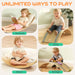Wooden seesaw with children using it for reading, sitting, sliding, and playing with toys.