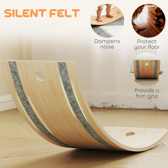 Wooden balance board with Silent Felt branding, showing features on a wooden floor.