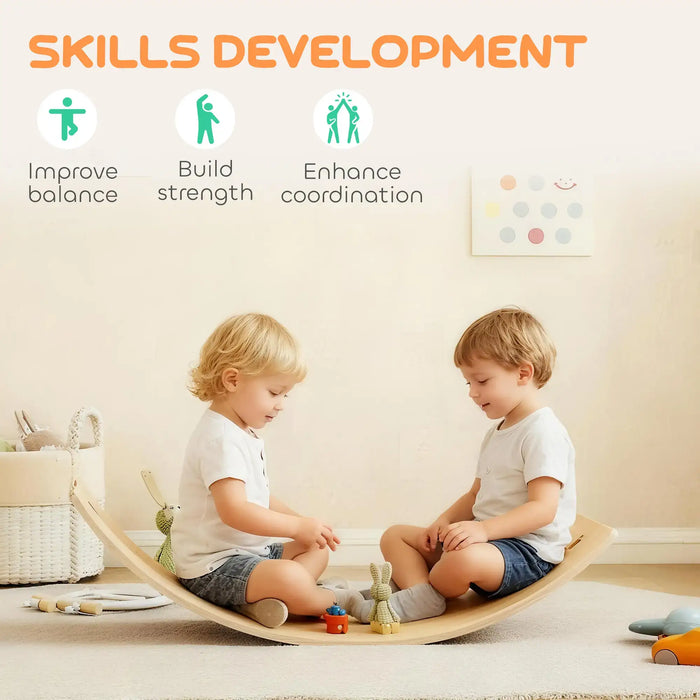 Two children sitting on a wooden balance board with text about skills development.