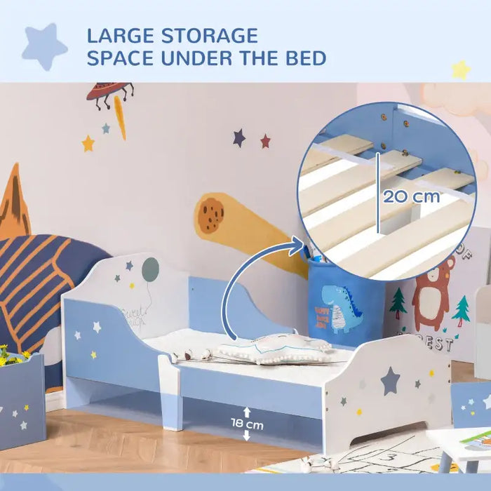 Kids Bed Frame – Blue and White | Stars, Balloon and ‘Sweet Hugs’ Backboard HOMCOM - Little and Giant Explorers HOMCOM