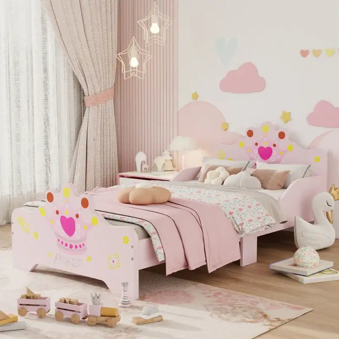 Kids Bed Frame – Princess Pink Design | Poplar Wood with Crown and Flower Print HOMCOM - Little and Giant Explorers HOMCOM