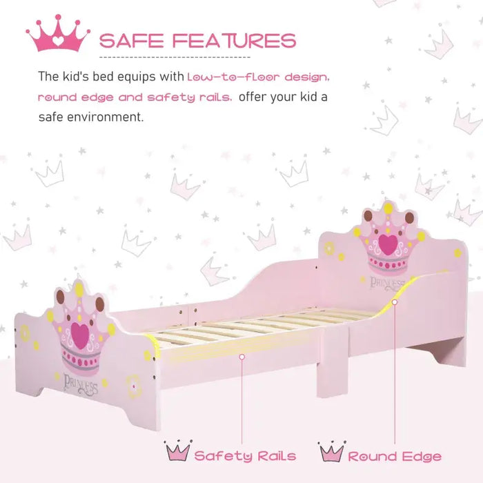 Kids Bed Frame – Princess Pink Design | Poplar Wood with Crown and Flower Print HOMCOM - Little and Giant Explorers HOMCOM