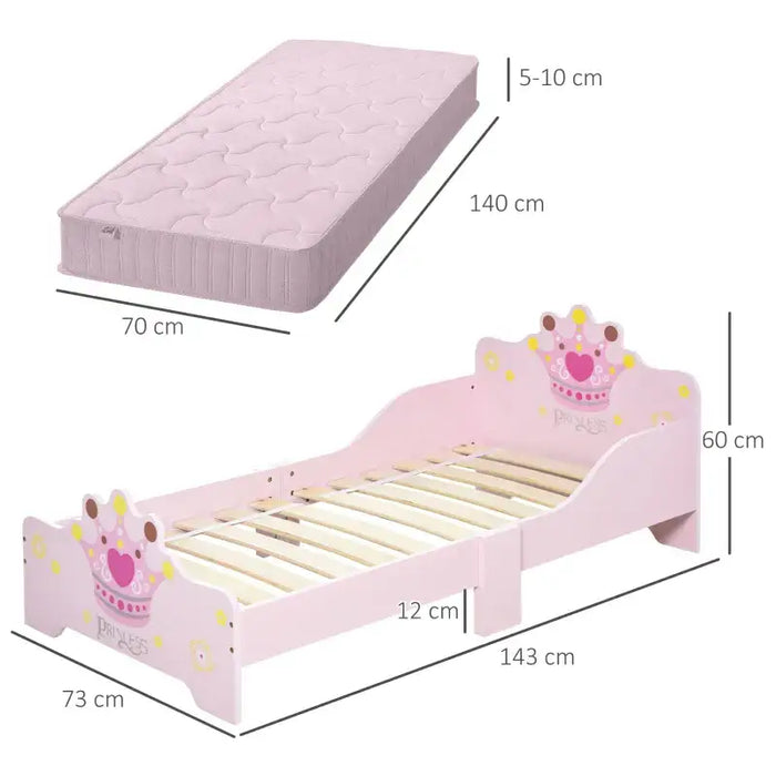 Kids Bed Frame – Princess Pink Design | Poplar Wood with Crown and Flower Print HOMCOM - Little and Giant Explorers HOMCOM