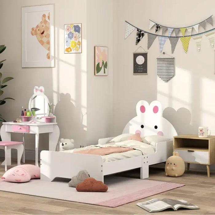 Kids Bed Frame – White Bunny-Design | Board with Side Rails ZONEKIZ - Little and Giant Explorers ZONEKIZ