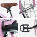 Close-up collage of pink bicycle parts including brown saddle, wheel hub, brake system, and black pedal