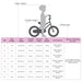 Kids bike size chart with rider height, saddle height, inseam, age range, wheel size, and training wheel info