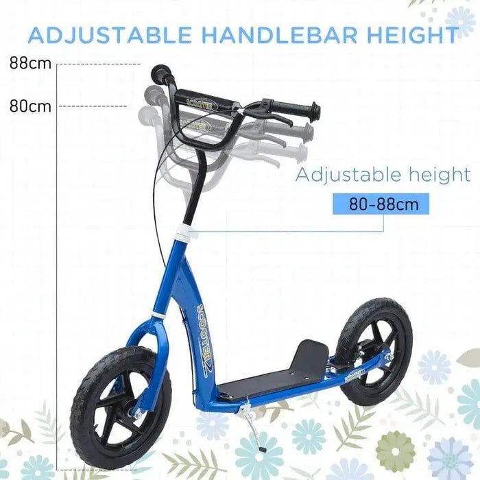 Blue kids big wheel scooter with adjustable handlebar height 80-88cm, wide deck and 12" wheels