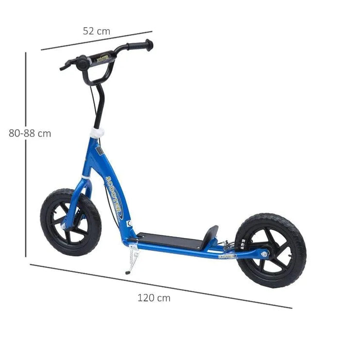 Blue kids big wheel scooter with adjustable height, wide deck, and size measurements