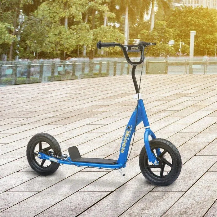Blue kids big wheel scooter with adjustable handlebar and wide deck on outdoor wooden deck