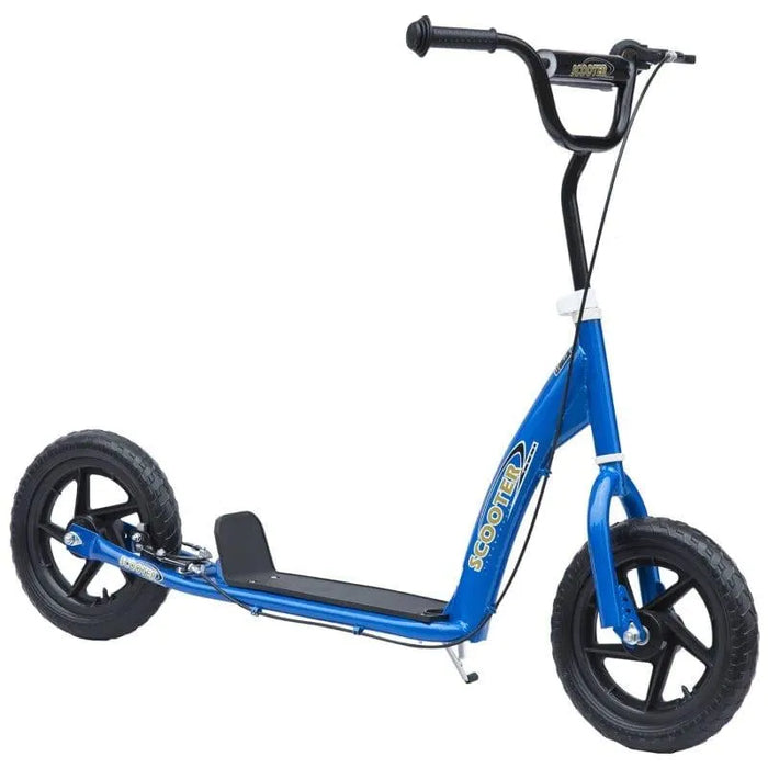 Blue kids big wheel scooter with wide deck, 12-inch wheels, and adjustable handlebar