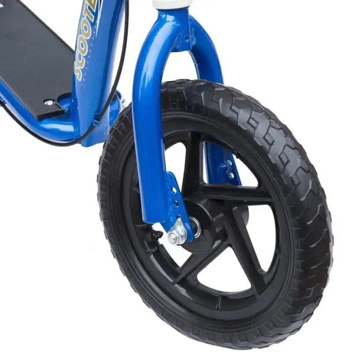Close-up of blue kids big wheel scooter with wide deck and 12-inch black front tire
