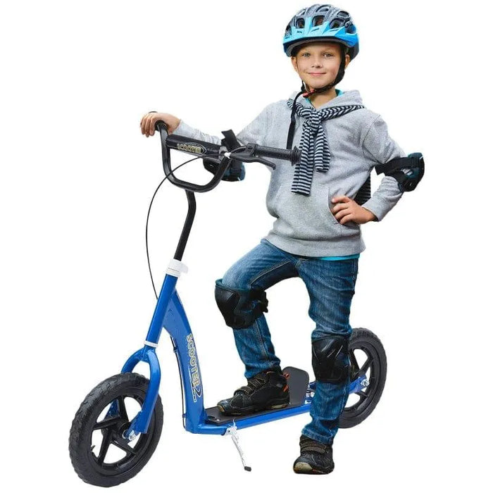Child wearing helmet and pads on blue big wheel kids scooter with adjustable height