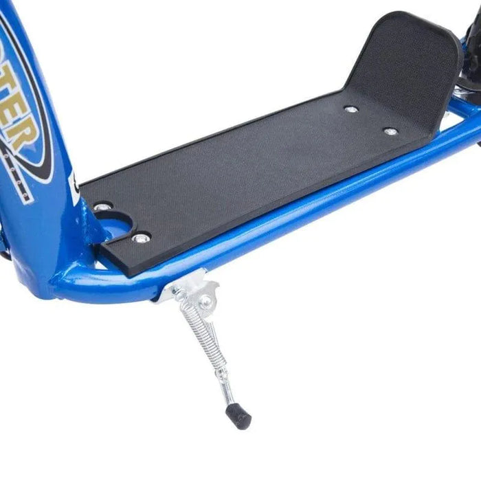 Close-up of blue kids scooter wide deck and kickstand