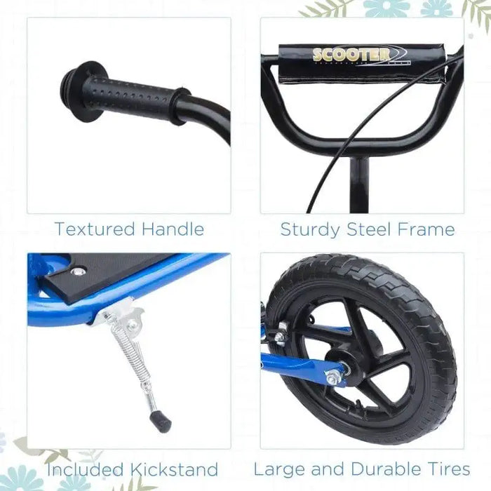 Blue kids big wheel scooter features textured handle, steel frame, kickstand, and large wheels