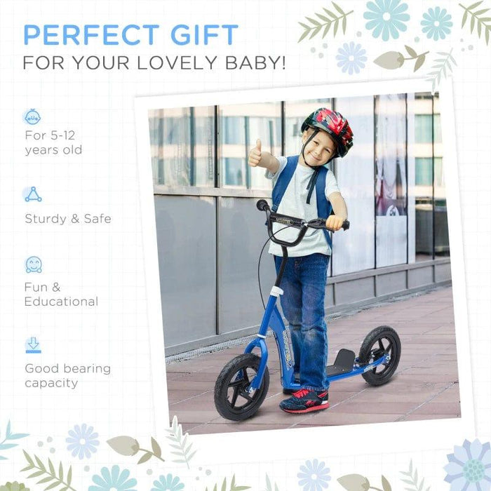 Child wearing helmet riding blue big wheel kids scooter with adjustable height outdoors