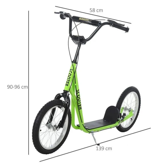 Green kids big wheel scooter with adjustable height, dual brakes, and size dimensions shown