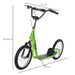 Green kids big wheel scooter with adjustable height, dual brakes, and size dimensions shown