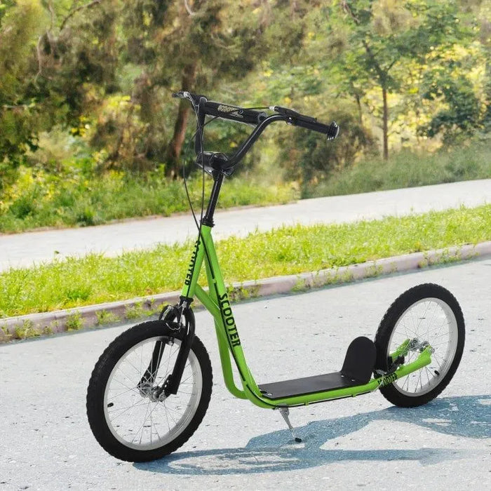 Green kids big wheel scooter with adjustable height and dual brakes on outdoor path