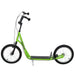 Green kids big wheel scooter with adjustable height and dual brakes on white background