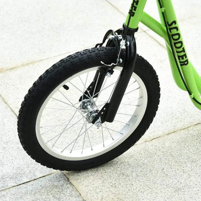 Green kids big wheel scooter front tire with dual brake on pavement