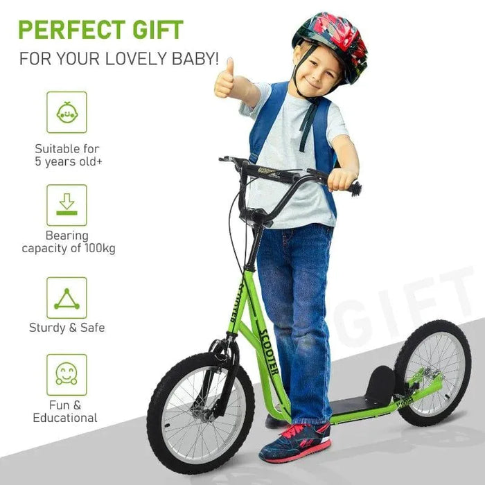 Child with helmet on green big wheel scooter, adjustable height, dual brake, HOMCOM