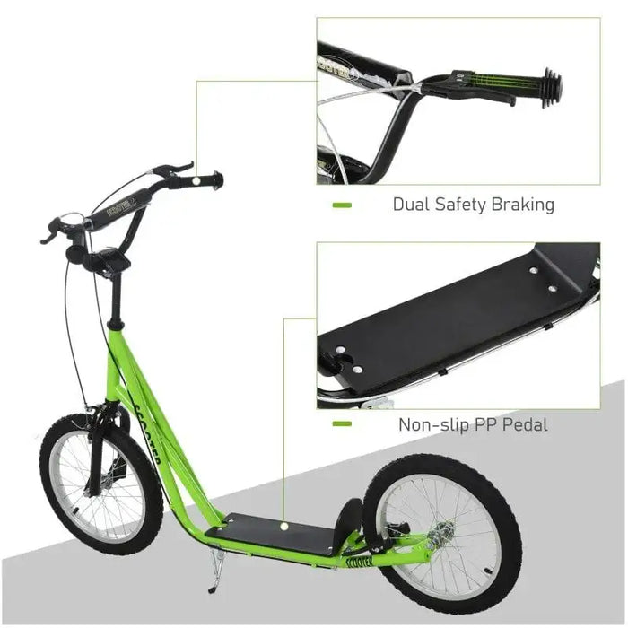 Green kids big wheel scooter with adjustable height, dual safety brakes, and non-slip pedal