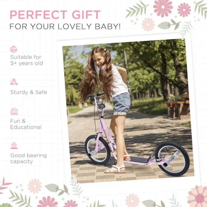 Kids Big Wheel Scooter – Pink | Adjustable Handlebar and 16" Inflatable Tyres HOMCOM - Little and Giant Explorers HOMCOM