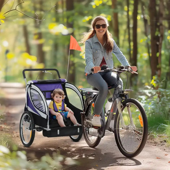 Kids Bike Trailer – Purple | 2-Seater Bicycle Carrier - Safety Harness and Hand Brake HOMCOM - Little and Giant Explorers HOMCOM